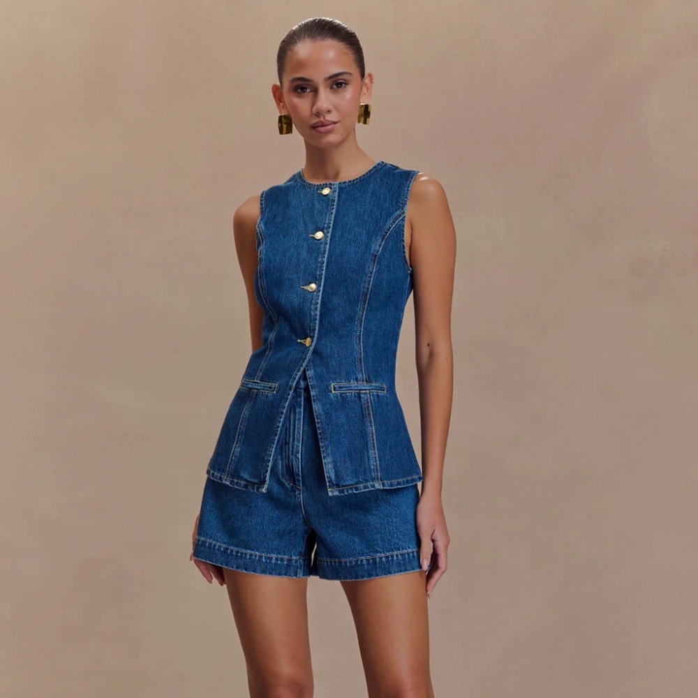 Meshki Blue Denim Sleeveless Button Front Top and Bottom
